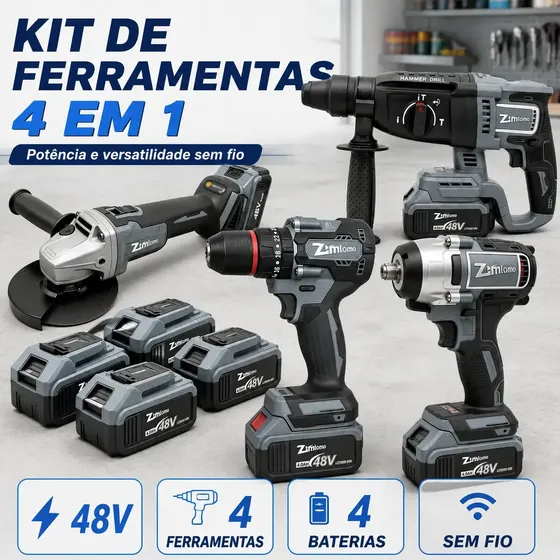 Kit Multi Ferramentas Brushless 4 Em 1 Sem Fio: Furadeira, Chave De Impacto, Martelete E Esmerilhadeira Com 4 Baterias