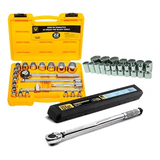 Kit Jogo De Soquetes 22 Pçs + Torquimetro De Estalo 1/2 Pol Amarelo