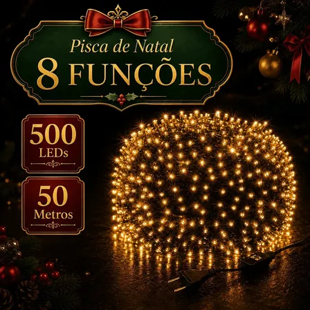 Cordão Pisca Pisca 50m Com 500 LEDS 8 Funções Bivolt Luz Branco Quente