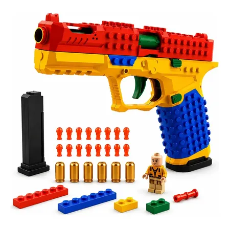 Pistola Com Blocos De Montar Montada E Disparador De Balas Brinquedo Infantil Kit De Construção Para Crianças Brinquedo Montar Lançador Bala Mole Com Munição Amarelo