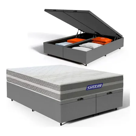 Cama Box Baú Com Colchão Gazin De Mola Ensacada Air Up Queen Cinza