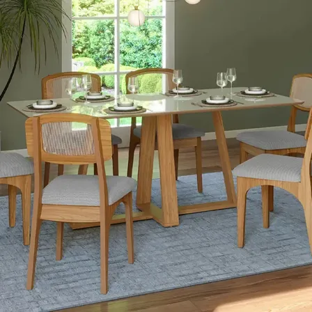 Conjunto Jantar Mesa 180cm E 6 Cadeiras Com Tela Ca40 Freijó/bege Rústico