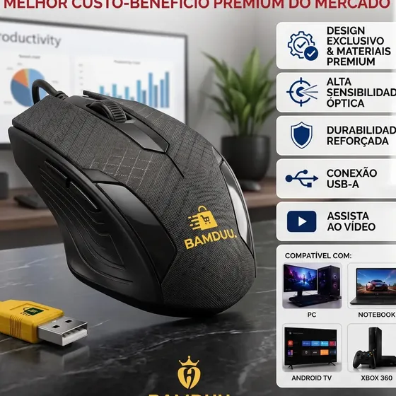 Mouse Óptico BAMDUU USB Com Fio Para Notebook e Escritório, Preto