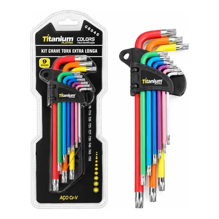 Jogo de Chaves Torx Extra Longas 9 Peças T10 a T50 com Organizador Titanium Platina