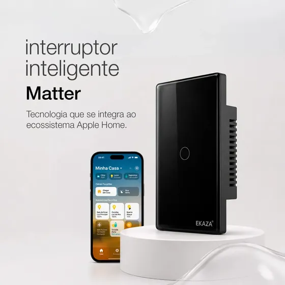 Interruptor Inteligente Matter Compativel Com iPhone Siri Wi-fi 2.4 Ghz Alexa Google Tuya 1 Botões 4x2 Bivolt Preto Ekaza