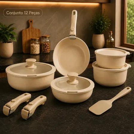 Conjunto De Panelas Kit 12 Peças Premium Revestimento Cerâmica Antiaderente com Cabos Removiveis Induçao Chama Gas Eletrico Forno Cor Bege