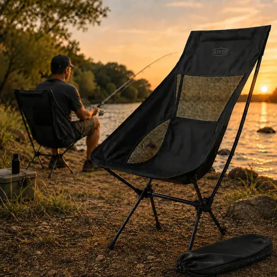 Cadeira Camping Dobrável Portátil para Pescar, Praia, Trilha, Viagens, Acampamento, Varanda, Parques e Lazer Suporta até 100kg - APFER (PRETA)