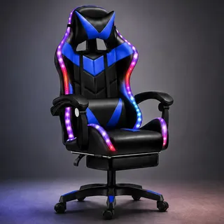 Cadeira Gamer RGB Reclinável Ergonômica com Massagem Apoio para Pés Giratória 150kg Azul