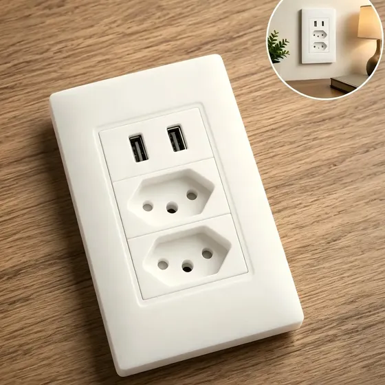 Tomada Dupla Usb Eletro Mex Espelho Parede Universal Duas portas USB 4x2 ABS 10A Embutir Branco