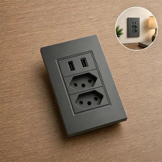 Tomada Dupla Usb Eletro Mex Espelho Parede Universal Duas portas USB 4x2 ABS 10A Embutir Preto fosco