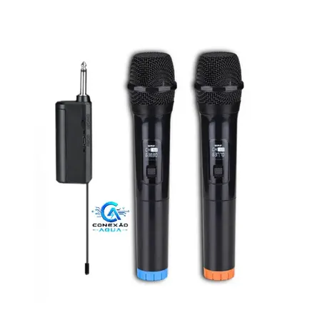 Kit 2 Microfones Sem Fio Profissional Com Receptor Uhf Dinâmico Duplo Led Karaokê Igreja Culto Palestra Palco Reunião Show CONEXÃO AQUA