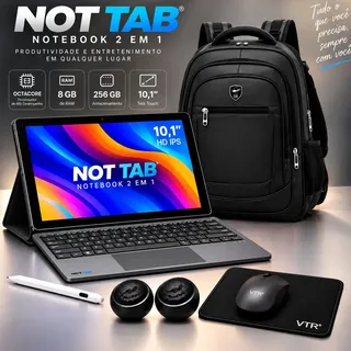 Notebook 2 Em 1 Tablet 10,1 8gb Ram 256gb Octa-core Android 14 + Teclado Mouse Caneta E Kit Completo Mochila Couro Preta