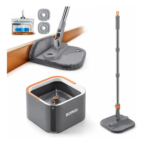 Mop Limpeza Giratório 2 Águas Premium Separação Água Limpa E Cabo 90-160CM Inox Retrátil , 2 Refis ,3L Balde BOMIDI