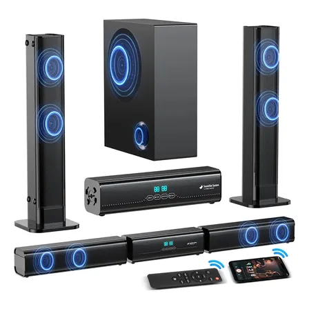Soundbar Com Subwoofer Desmontável 420W 5.1 Canais Home Theater Subwoofer Maizhelun Som Imersivo Conectividade Aux/HDMI (ARC)/USB/Óptico/Coaxial/Antena FM Bluetooth 5.3 Display LED E Controle Remoto