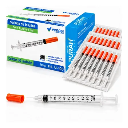 Seringa Insulina 1ml Agulha Fixa 6x0,25mm Venper 30 Unidades