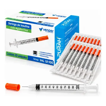Seringa Insulina 1ml Agulha Fina 6x0,25mm Venper Kit 20 Unidades