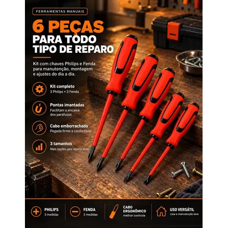 Jogo De 6 Peças Chaves Fenda E Phillips Isoladas Imantadas Eletricista Kit Profissional Ponta Magnética Cabo Emborrachado Ferramentas Pro Brindes