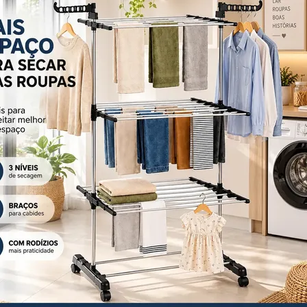 Varal Vertical de Chão 3 Níveis com Rodízios e Braços para Cabides Dobrável Grande para Roupas Preto e Prata