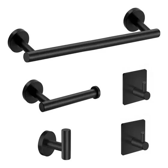 Kit Acessórios Banheiro Cabide Toalheiros Papeleira Fluvcasa 5 Peças Preto Fosco