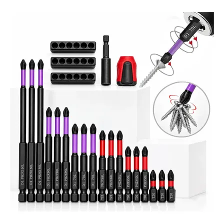 Kit Ponta Bits Magnéticas Antiderrapante Impactos Ph2 23pcs Com Bases, Magnetizador De Bits E Extensão