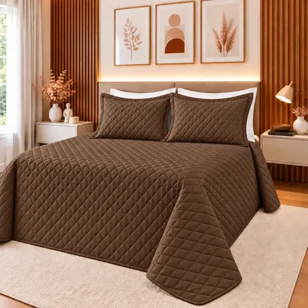 Cobre Leito Slim Queen Matelado Colcha Confortável Premium Marrom Losango