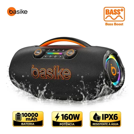 Caixa de Som Basike Boombox 160W RMS IPX6 RGB Bluetooth 5.3 TWS Bass Boost Bateria 10000mAh 12h FM USB TF Estéreo Hi-Fi Churrasco Praia Camping Festa Portátil