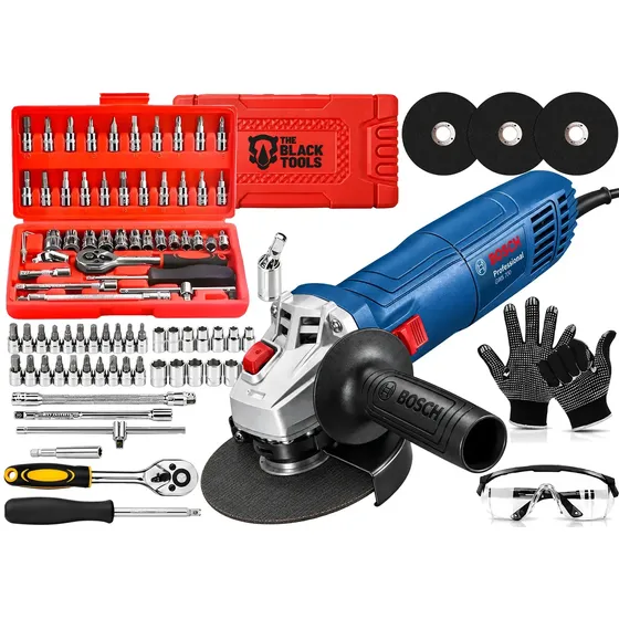 Esmerilhadeira Bosch 41./2" 710W GWS 700W 06013A30E0 + Kit De Soquetes Catraca Reversível 46 Peças The Black Tools