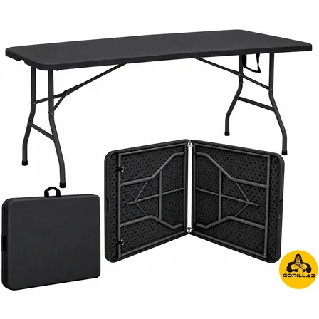 Mesa Dobrável Vira Maleta C/ Alça Portátil 1.80m Para Camping Pesca Jardim Área Externa Interna Preto Gorillaz