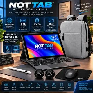Notebook 2 em 1 Tablet Android 14 10,1" 8GB 256GB Octa-Core + Mochila Mouse Caneta e 2 Caixas de Som