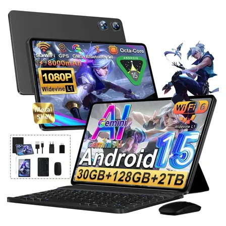 2026 Tablet 10 Android 15 Gemini Ai Tablet Com 30 Gb De Ram+128 Gb Rom/tf 2Tb, Octa-core 2,0 Ghz, 8000 Mah, 5g Wifi,Gms Widevine L1 Fhd, 8+5 Mp, Bt 5.0, Gps, Capa, Teclado E Mouse - Preto