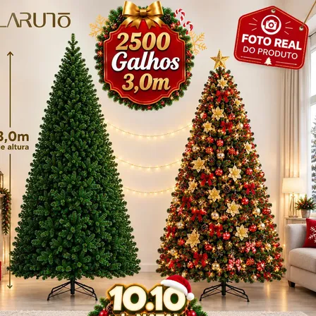 Árvore de Natal 3 Metros Pinheiro Canadense Luxuoso Galhos Cheios Verde Dobrável Decoração Natal LARUNO