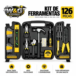 Kit Ferramentas Jogo 126pcs Residencial Caixa Maleta Completo W&G