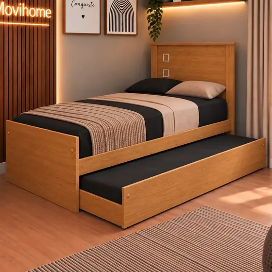 Bibox Bicama De Solteiro Em MDF Cama Auxiliar Com Rodízios Bibox Reforçada Modelo Versátil e Funcional Cor Nature FST LOJA
