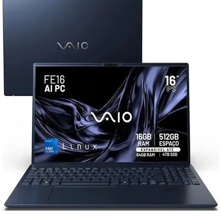Notebook VAIO FE16 AI PC Intel Core 5 320 - 16GB RAM 512GB SSD Linux DDR5 Wi-Fi 6 - Tela 16" WUXGA IPS Antirreflexo - AI PC com até 16 TOPs – Permite expansão de RAM e SSD
