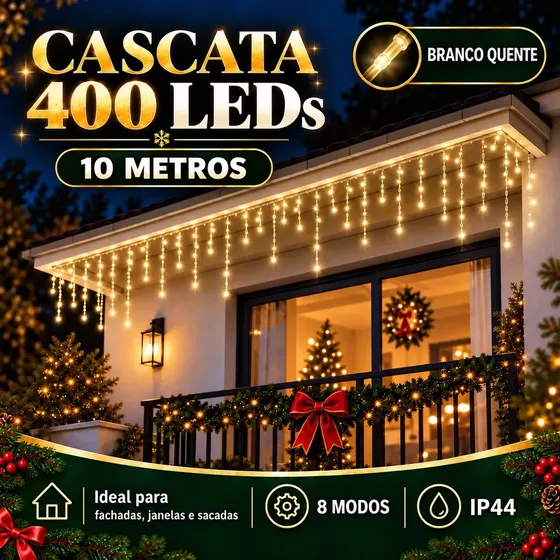 Cascata De Natal 400 Leds 10m 8 Funções Decoração Conector Macho Fêmea Branco Quente Luzes de Natal