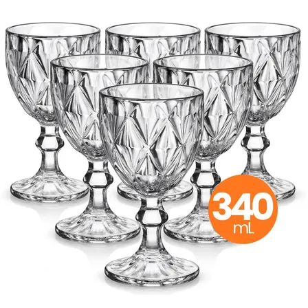 Jogo 6 Taças Vidro Diamond 340ml Conjunto Mesa Posta Água Suco Cozinha Decoração Presente Transparente