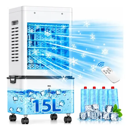 15L Climatizador de Ar Portátil 4 em 1 Umidificador Evaporativo Ventilador Frio 6 Velocidades 2 Modos Controle Remoto Timer 24H Painel Touch LED com 4Caixas Gelo Rodízios 360° Reservatório Silencioso