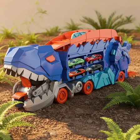 Caminhão Dinossauro Infantil Pista Lançador De Carrinhos Maleta Transportadora Garagem T-rex Brinquedo Com Rampa 4 Mini Carrinhos Inclusos Presente Para Crianças Azul