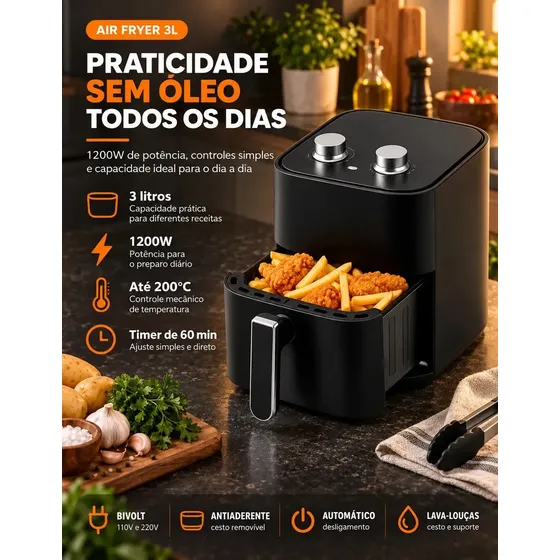 Fritadeira Air Fryer 3,4L Sem Óleo 1200W Antiaderente Elétrica Compacta e Prática para Cozinha Temperatura Ajustável Viacruz