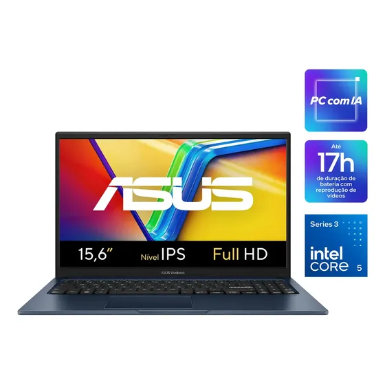 Notebook ASUS Vivobook 15, AI PC, Intel Core 5, 8GB RAM, 256GB SSD, W11 Home, Tela 15.6'' IPS FHD, Quiet Blue - X1504MA-BQ299W