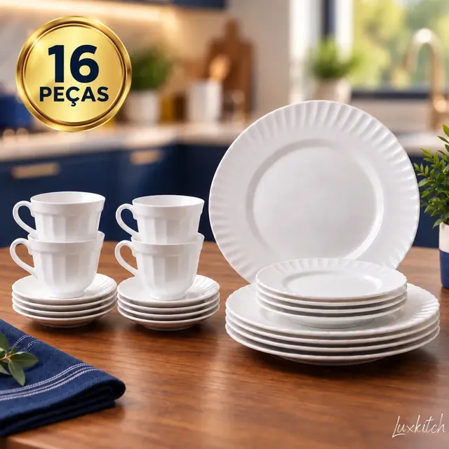 Aparelho De Jantar + Jogo Chá 16 Peças Completo Branco Liso Vidro Mesa Posta Resistente Moderno Luxkitch Lisa