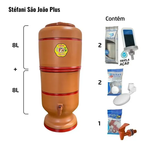 Filtro Purificador De Barro Stéfani São João Plus 8 Litros , 2 Velas Tripla Prata Coloidal, 2 Boia E Torneira Clic Cerâmica