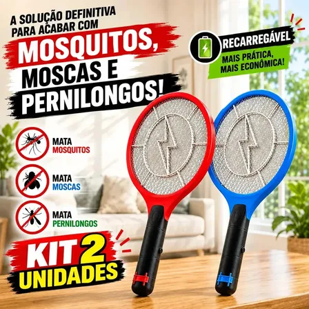 Kit 2 Raquetes Elétrica Mata Mosquito Mosca Pernilongo Dengue Insetos Bateria Recarregavel Bivolt Pratica Choque Potente
