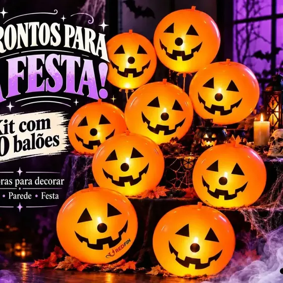 Kit 10 Balões De Abóbora Halloween Com Led Bexigas Iluminadas Para Decoração De Festa Mesa Parede E Ambiente Temático Dia Das Bruxas Para Pendurar Enfeite Laranja Redfin