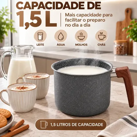 Leiteira Fervedor Antiaderente 1,5L Granito Alumínio para Indução Gás Elétrico Vitrocerâmico Cabo Amadeirado Cinza granito