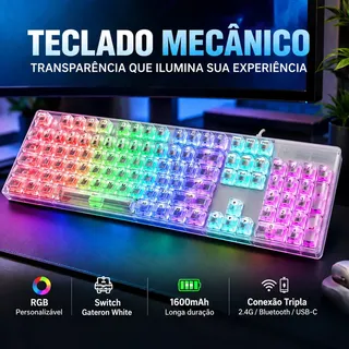 Teclado Mecânico Gamer RGB Switch Gateron White USB-C com Fio Transparente para PC Notebook VTR