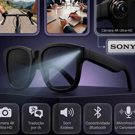 Óculos Inteligente de Sol Popsy Câmera 4K Full HD e Tradução com IA em Conexão Bluetooth, Wi-Fi Sem Fio e Kit Completo com 3 Lentes Intercambiáveis Proteção UV para Fotos, Vídeos e Chamadas de Voz