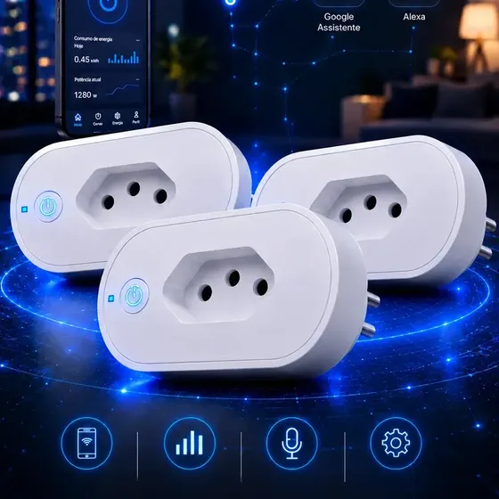 Kit 3 Tomada Inteligente Wi-Fi 16A Bivolt Qonex Automação Smart Plug Interruptor com Monitor de Consumo Compatível Alexa e Google Home