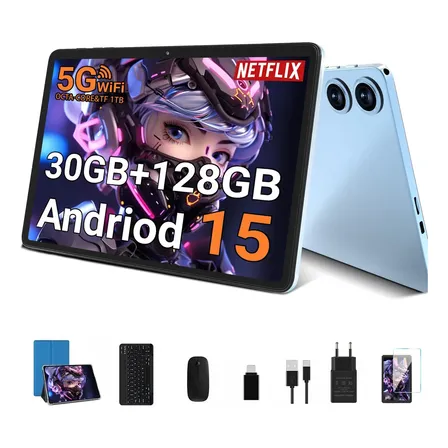 Tablet UJJ U3 Android 15 de 10.1" com 30 GB RAM, 128 GB ROM, Teclado e Mouse com Gemini Ai Tab/ (2TB TF max) 5G/2.4G Wi-Fi,Octa-Core 8000 mAh BT5.0 IPS