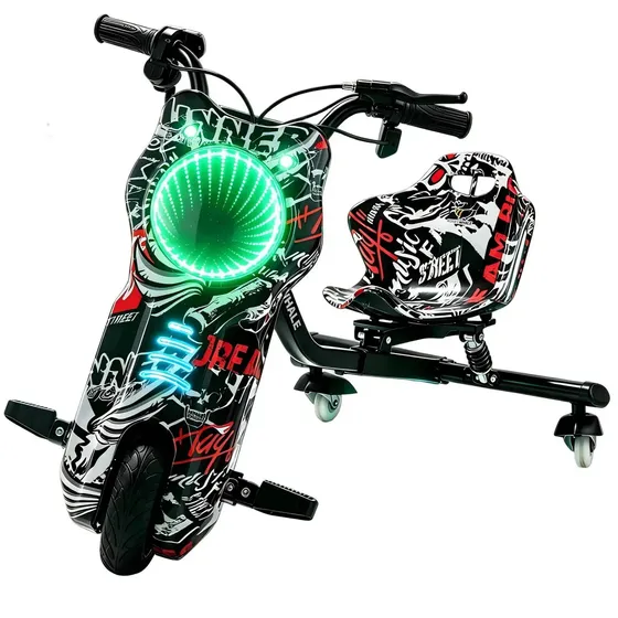 HONEYWHALE 007B Triciclo Drift Elétrico Bateria Infantil, 350W-36V-20KM/H-75 Min-70kg, Com Som Bluetooth E Rgb LED, Com Suspensão, Pneu 8", Carro Para Crianças de 5 a 12 Anos, Brinde, Preto
